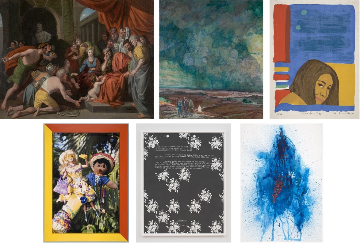 Images (left to right): Benjamin West (1738–1820), Pyrrhus when a child, brought to Glaucias, King of Illyria, for protection, 1767, oil on canvas, courtesy of Ben Elwes Fine Art, London; Henry Ossawa Tanner (1859–1937), Sodom and Gomorrah, ca. 1920-24, oil on canvas, Amon Carter Museum of American Art, Fort Worth, Texas, courtesy of Michael Rosenfeld Gallery LLC, New York, NY, 2023.11; Emma Amos (1937–2020), Gold Face Type, 1966, print on paper, Amon Carter Museum of American Art, Fort Worth, Texas, 2023.12, © Emma Amos; Courtesy of RYAN LEE Gallery, New York; Martine Gutierrez (b. 1989), Queer Rage, P.S. Your Parents Are Nuts, p73 from Indigenous Woman, 2018, dye coupler print, Amon Carter Museum of American Art, Fort Worth, Texas, P2023.18, © Martine Gutierrez; Sadie Barnette (b. 1984), FBI Drawings: Source Six, 2022, powdered graphite on paper, Amon Carter Museum of American Art, Fort Worth, Texas, 2023.9, © Sadie Barnette; María Magdalena Campos-Pons (b. 1959), In Between the News, 2019, transparent and opaque watercolor and ink on paper, Amon Carter Museum of American Art, Fort Worth, Texas, Purchase with funds provided by the Paper Forum, 2023.10, © María Magdalena Campos-Pons.