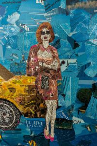 A woman leans against a yellow cab in one of Ashley Beebe's collages.