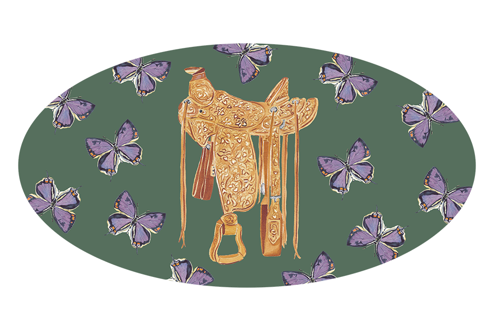 A saddle on a green flowered background