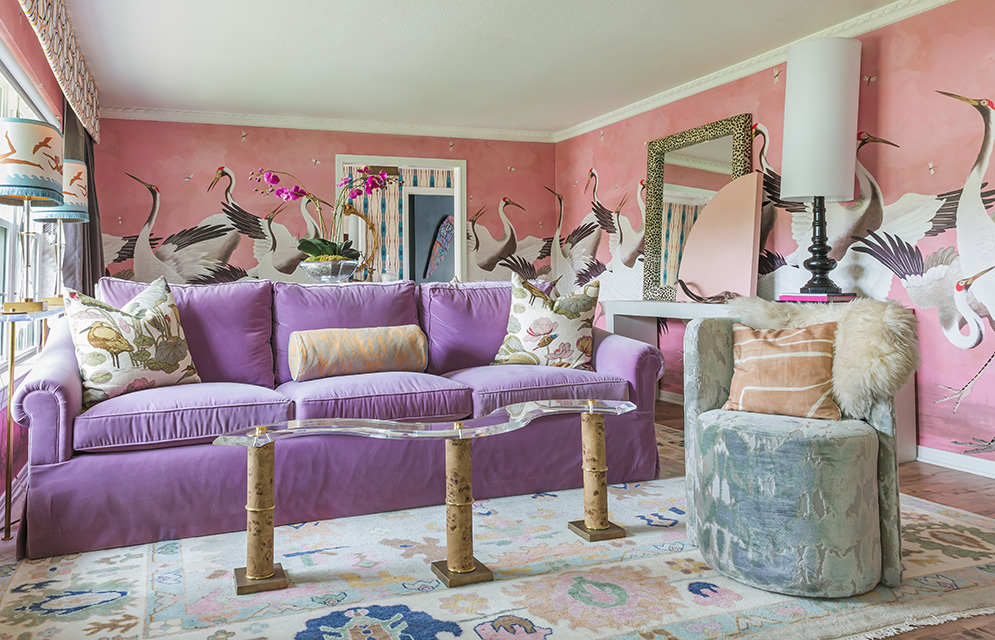 Tarin Wallace's living room - pink with a velvet sofa