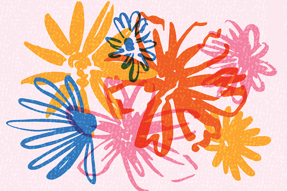 Pink, orange, blue and yellow flowers on a pink background