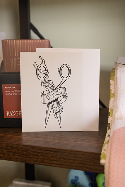 A card with scissors says "I know things are bad but don't get bangs, it'll be okay."