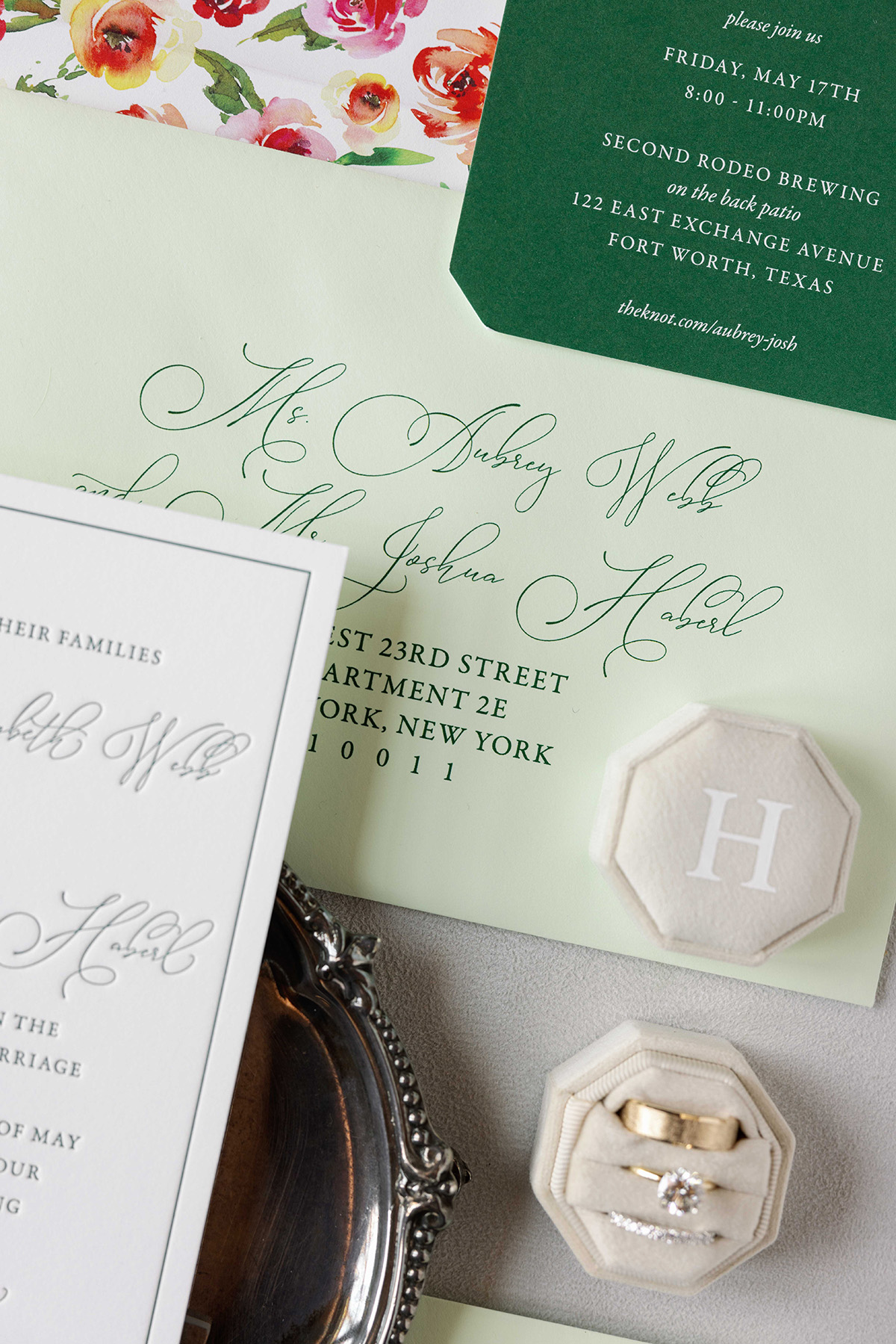 Aubrey and Josh's stationery and rings
