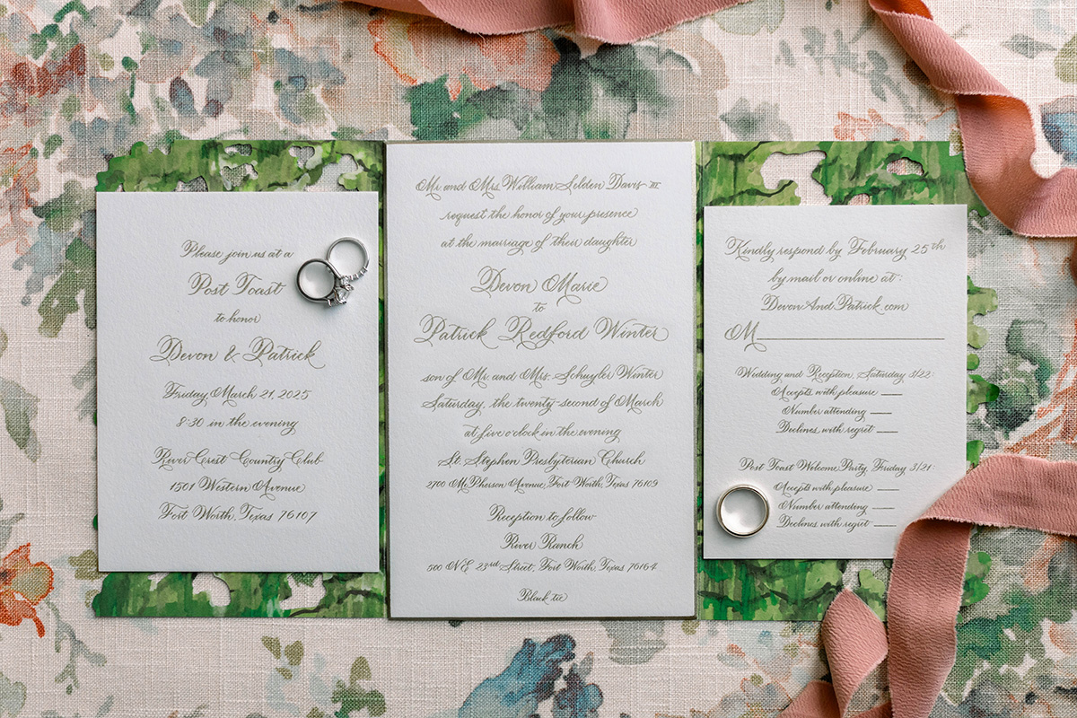 Devon and Patrick's stationery and rings