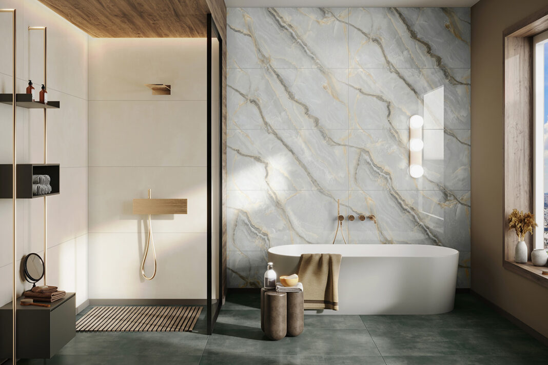 Bathroom with a marble wall