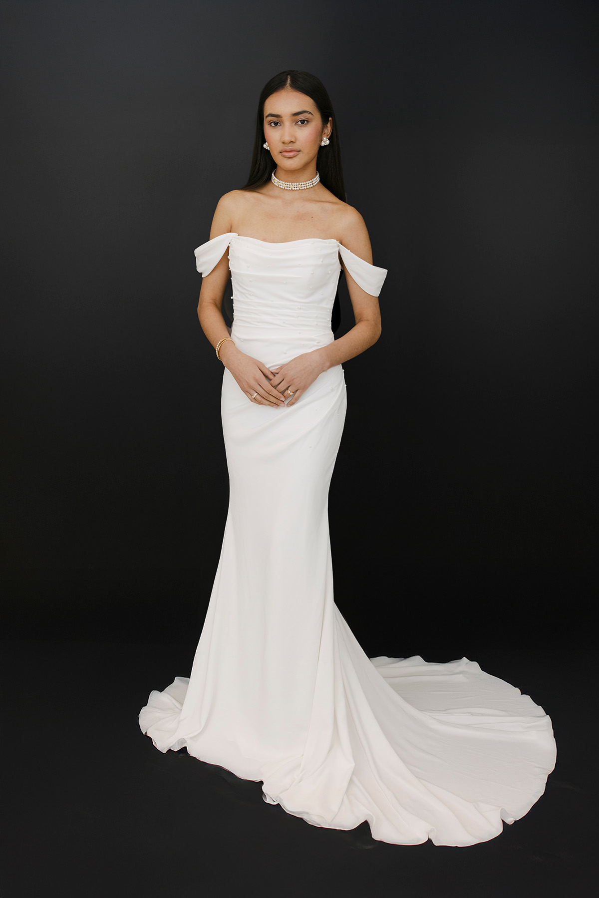 Off-the-shoulder crepe dress