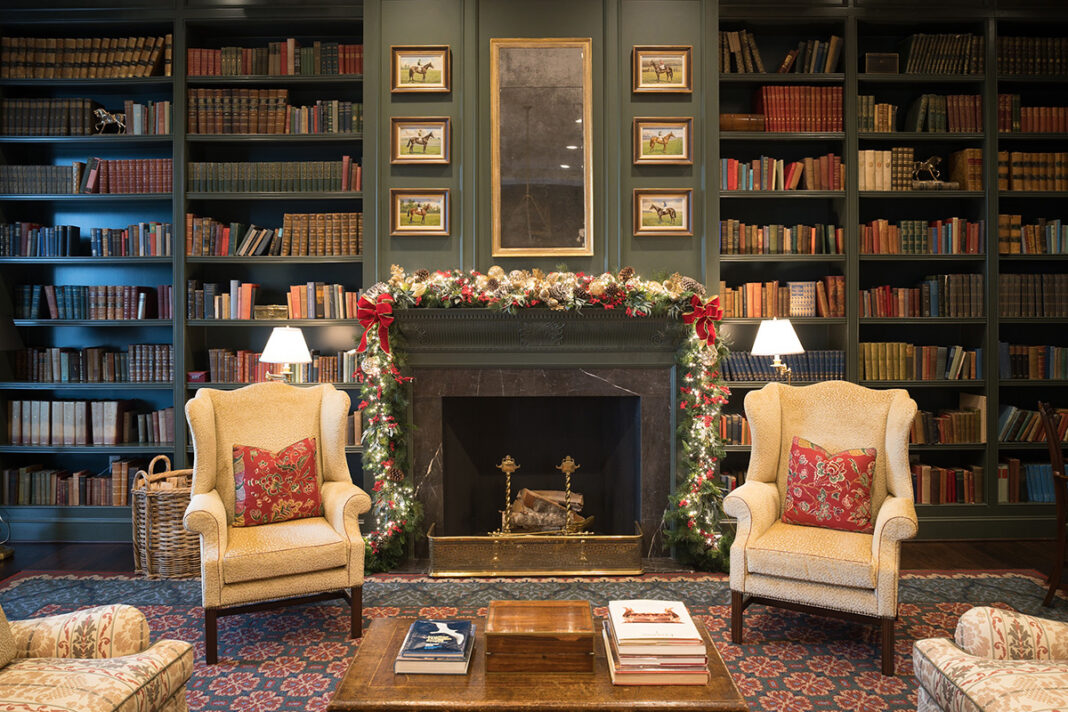 The fireplace decorated for Christmas
