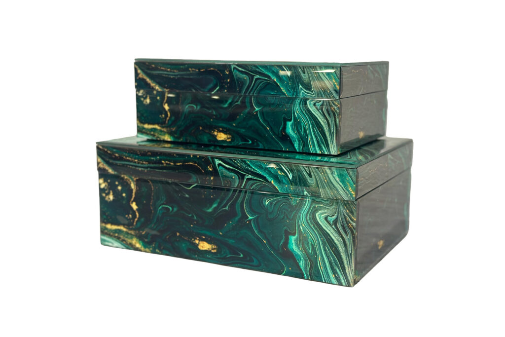 Green glass boxes from Wright at Home