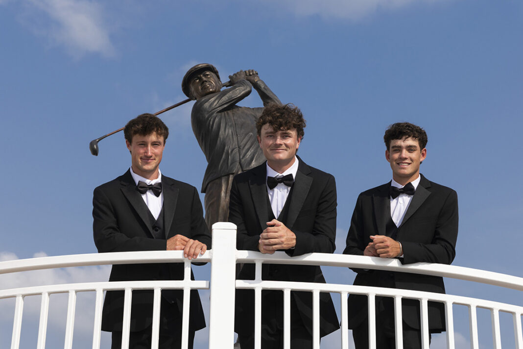 Ben Hogan 2025 recipient, Luke Clanton (center) of Florida State University with David Ford (left) of University of North Carolina and Jackson Kiovun (right) of Auburn University.