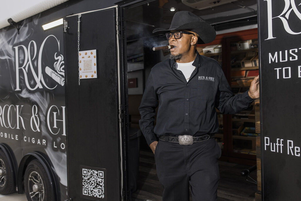Marcus Phillips with his mobile cigar lounge