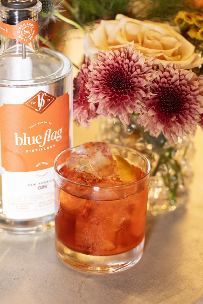 A glass of Blue Flag Distillery gin