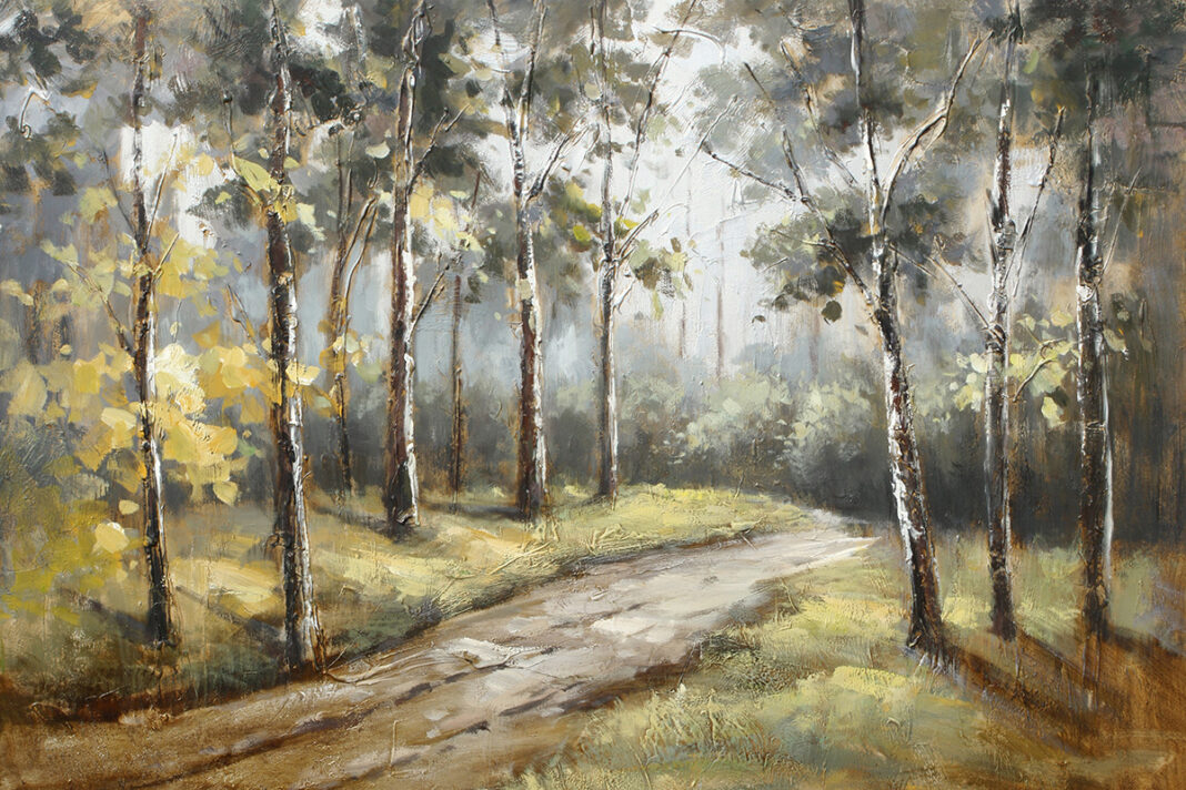 A painting of trees with light filtering through the leaves